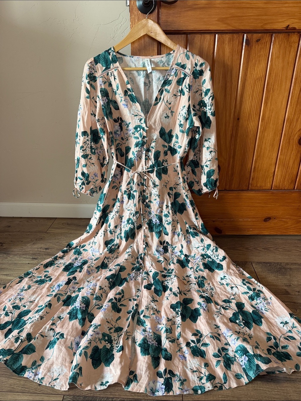 Anthropologie KIVARI Peach Green Floral 100% Linen Maxi Dress V-Neck Button US 8